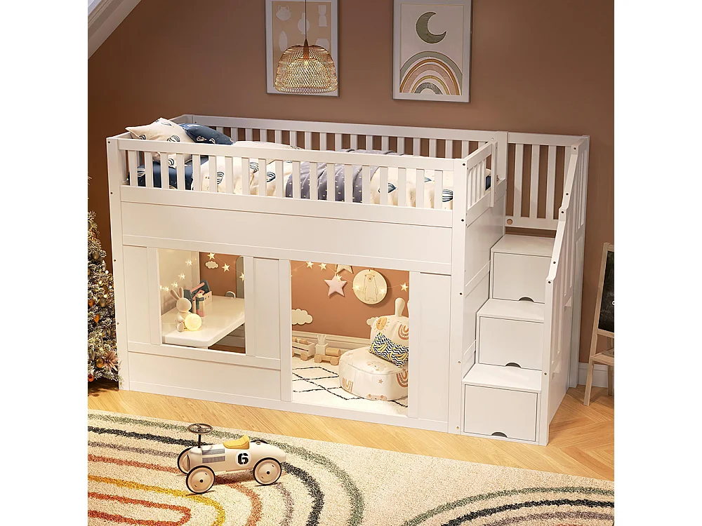 Lit mezzanine enfant 90x200 cm multifonctionnel armoire escalier espace jeu sans matelas blanc