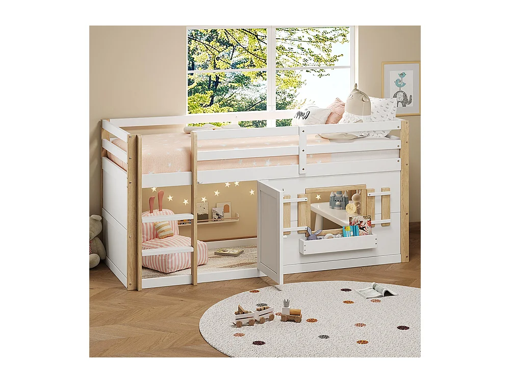 Lit mezzanine enfant 90x200 cm multifonctionnel armoire escalier espace jeu sans matelas blanc