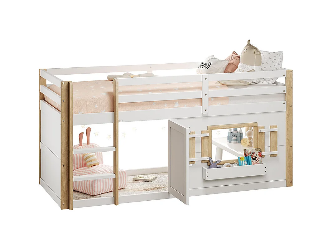 Lit mezzanine enfant 90x200 cm multifonctionnel armoire escalier espace jeu sans matelas blanc