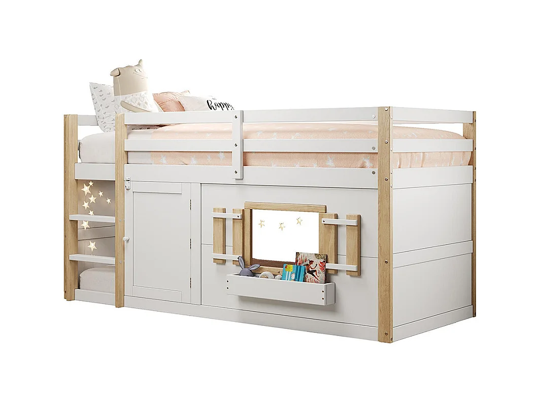 Lit mezzanine enfant 90x200 cm multifonctionnel armoire escalier espace jeu sans matelas blanc