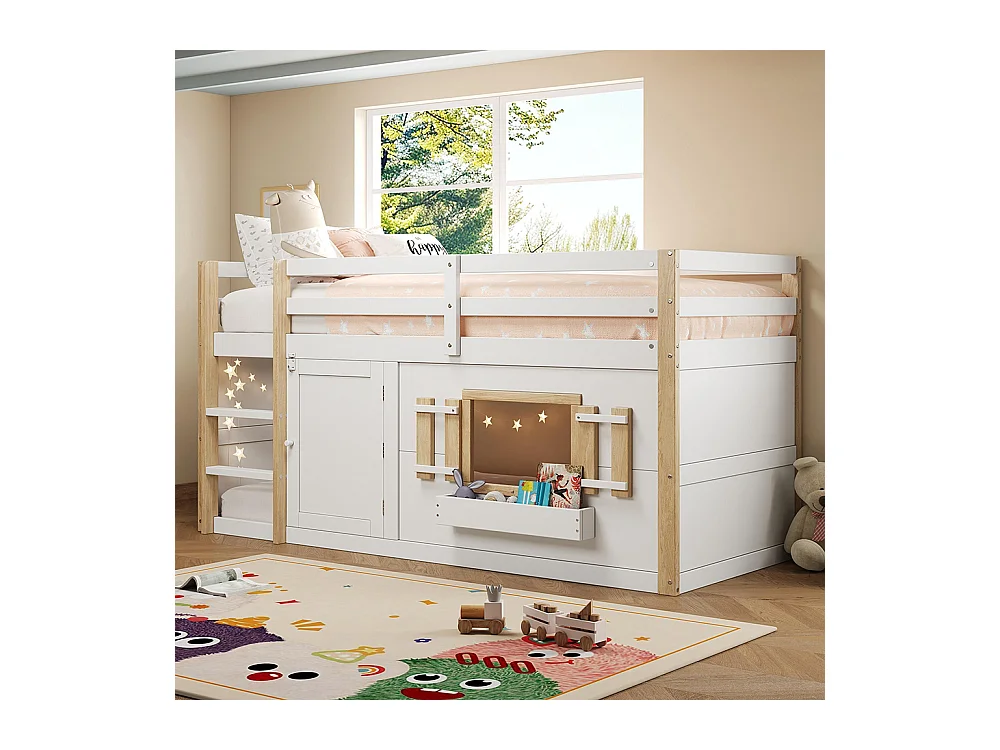 Lit mezzanine enfant 90x200 cm multifonctionnel armoire escalier espace jeu sans matelas blanc