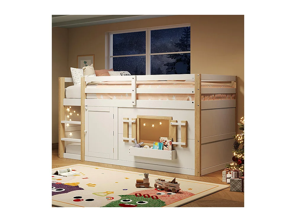 Lit mezzanine enfant 90x200 cm multifonctionnel armoire escalier espace jeu sans matelas blanc