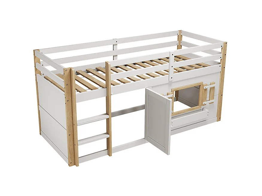 Lit mezzanine enfant 90x200 cm multifonctionnel armoire escalier espace jeu sans matelas blanc