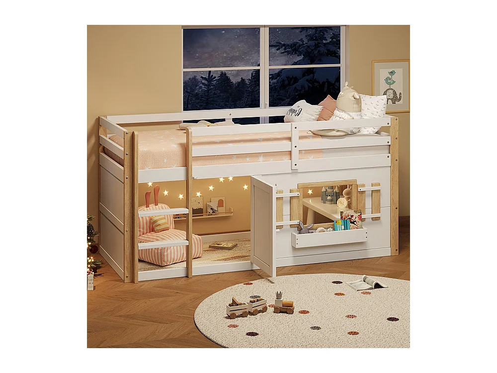 Lit mezzanine enfant 90x200 cm multifonctionnel armoire escalier espace jeu sans matelas blanc