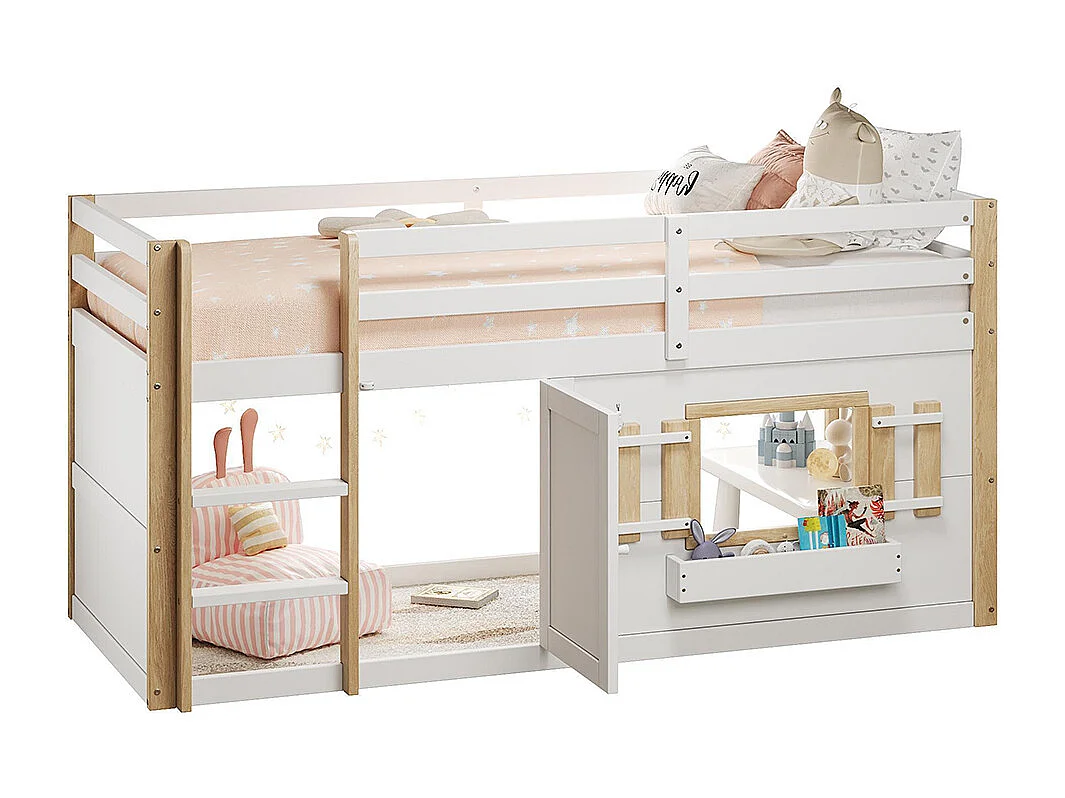 Lit mezzanine enfant 90x200 cm multifonctionnel armoire escalier espace jeu sans matelas blanc