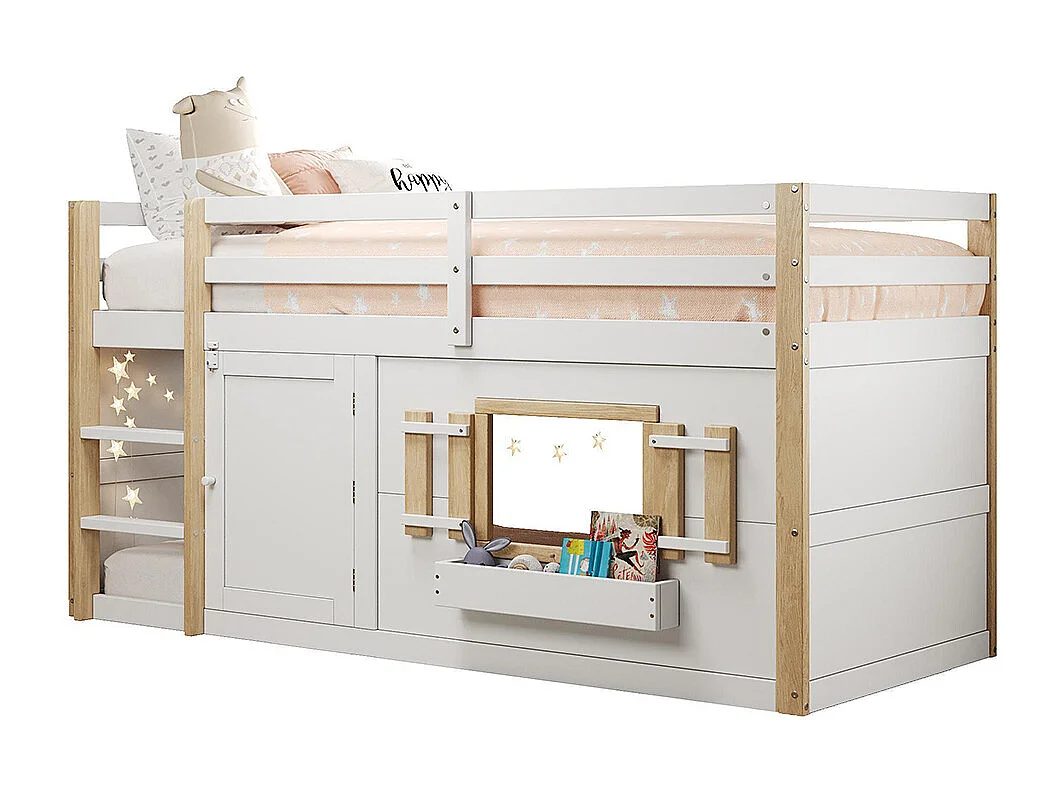 Lit mezzanine enfant 90x200 cm multifonctionnel armoire escalier espace jeu sans matelas blanc