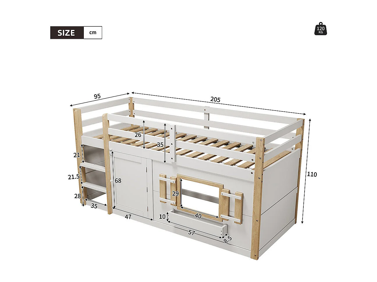 Lit mezzanine enfant 90x200 cm multifonctionnel armoire escalier espace jeu sans matelas blanc