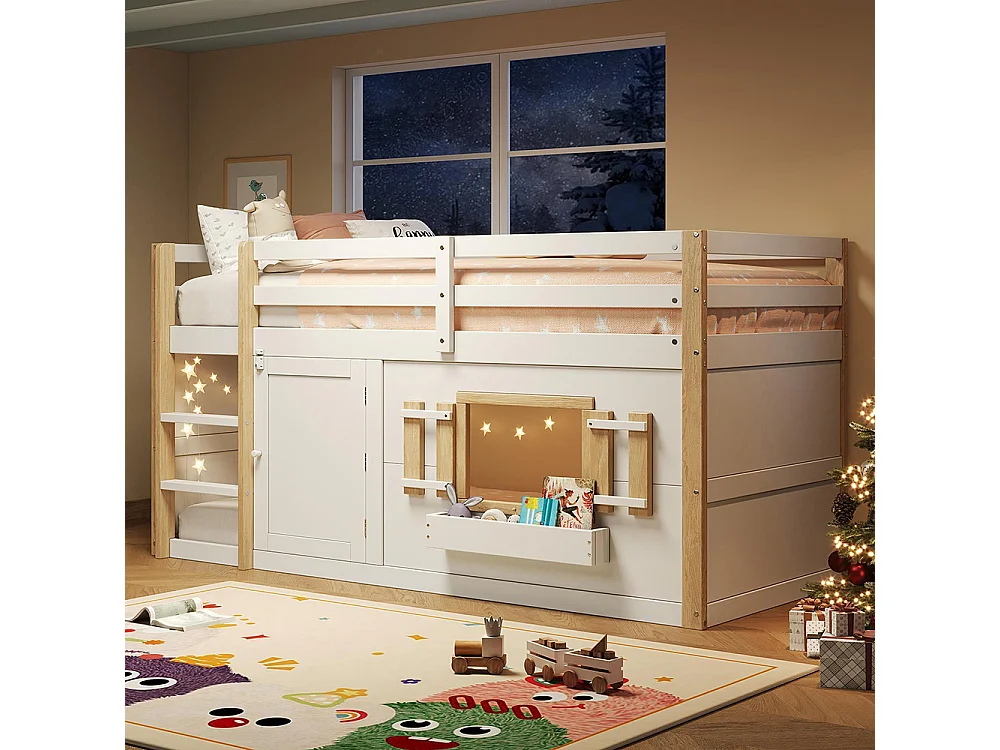 Lit mezzanine enfant 90x200 cm multifonctionnel armoire escalier espace jeu sans matelas blanc