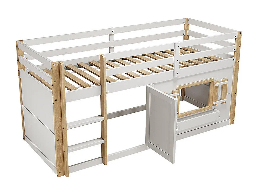 Lit mezzanine enfant 90x200 cm multifonctionnel armoire escalier espace jeu sans matelas blanc