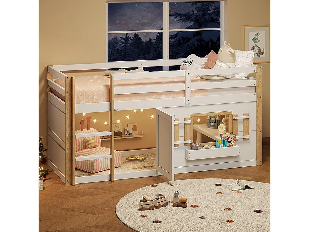 Lit mezzanine enfant 90x200 cm multifonctionnel armoire escalier espace jeu sans matelas blanc