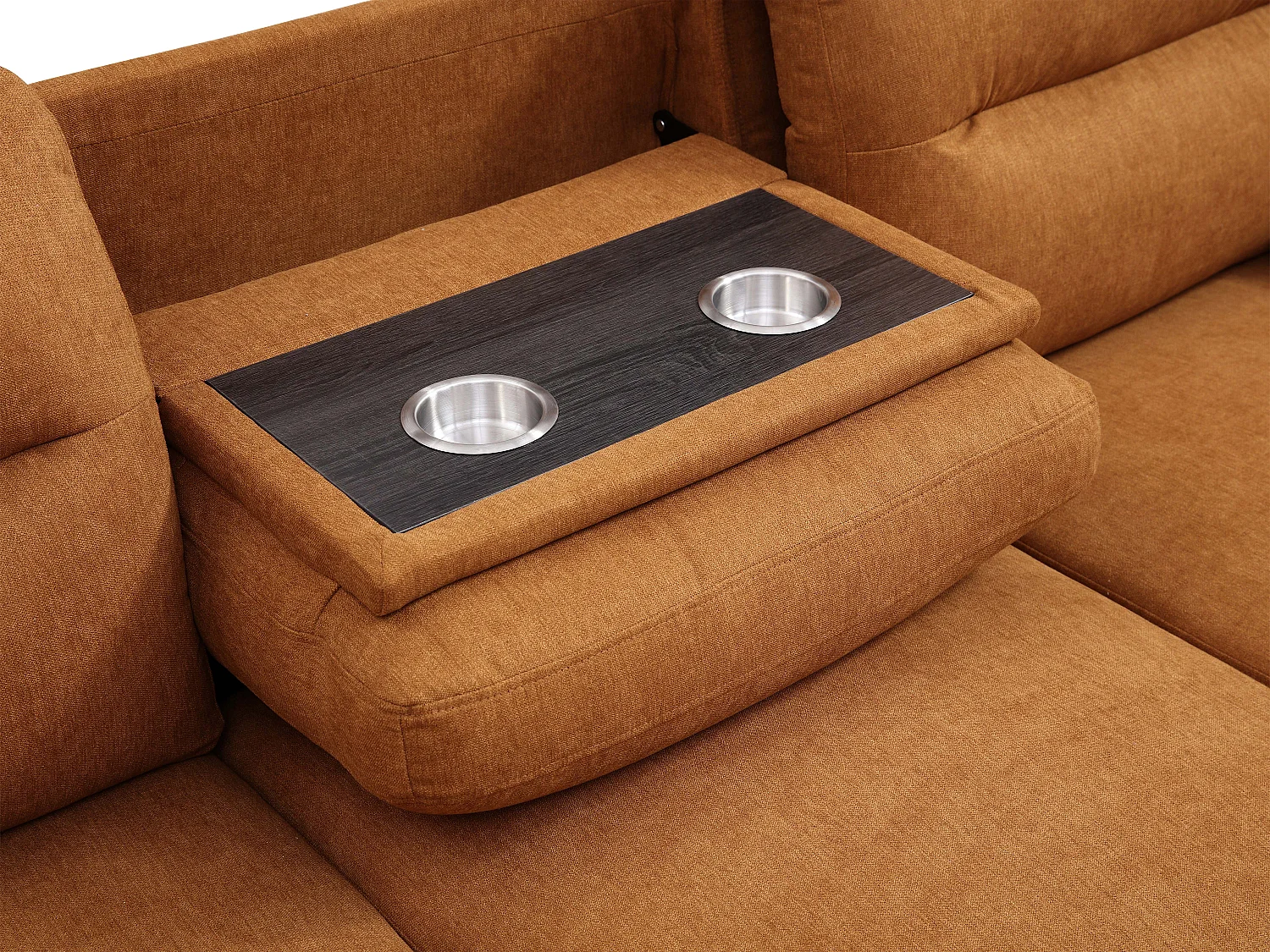 Canapé d'angle droit convertible en tissu terracotta avec tablette ULENIO