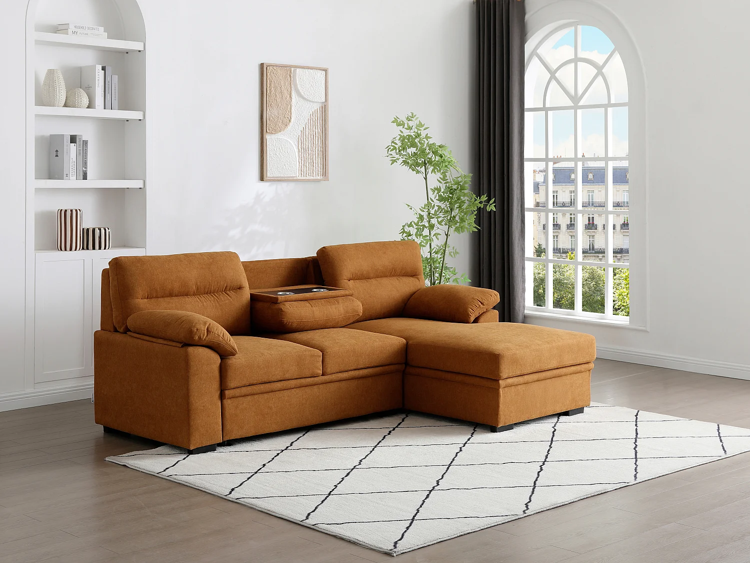 Canapé d'angle droit convertible en tissu terracotta avec tablette ULENIO