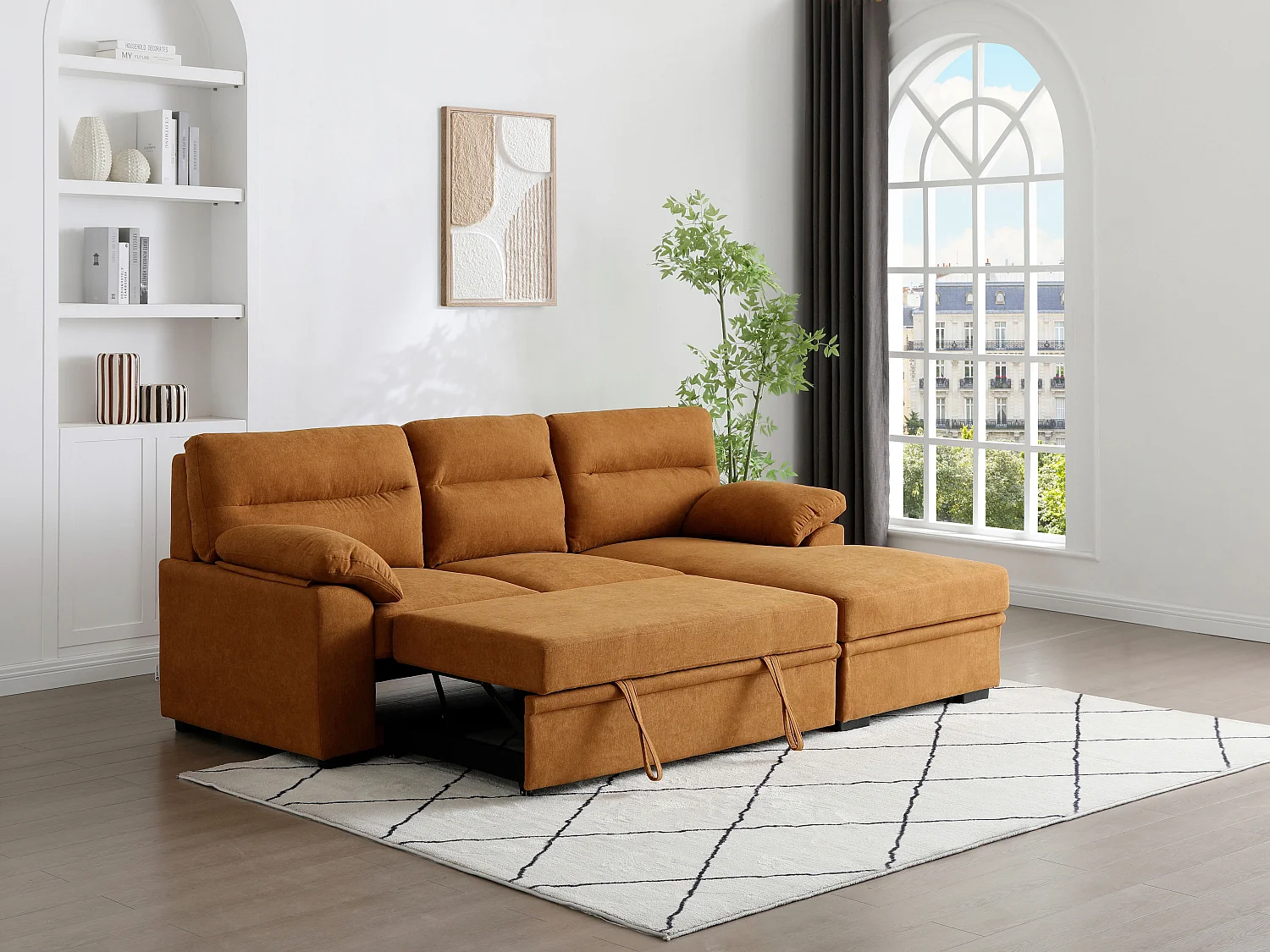 Canapé d'angle droit convertible en tissu terracotta avec tablette ULENIO