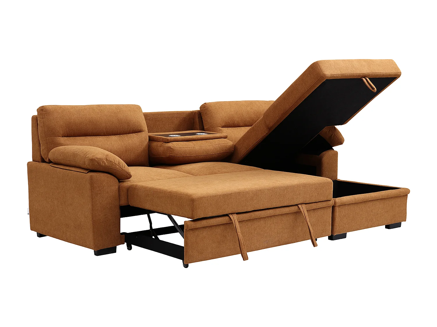 Canapé d'angle droit convertible en tissu terracotta avec tablette ULENIO