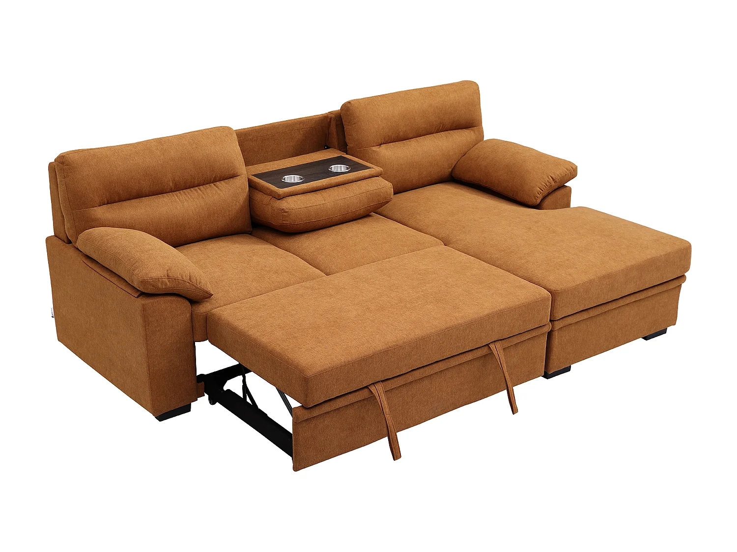 Canapé d'angle droit convertible en tissu terracotta avec tablette ULENIO
