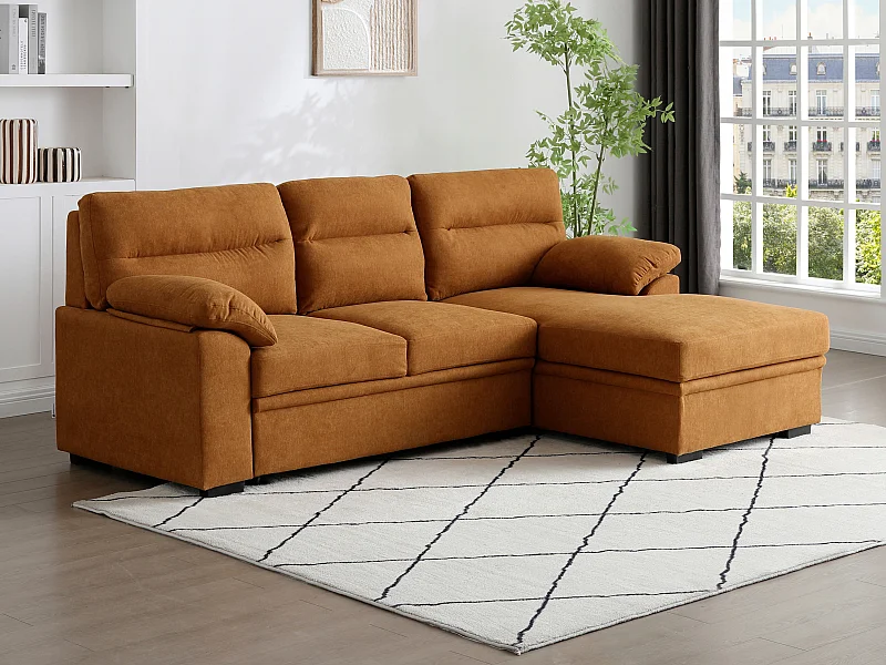 Canapé d'angle droit convertible en tissu terracotta avec tablette ULENIO