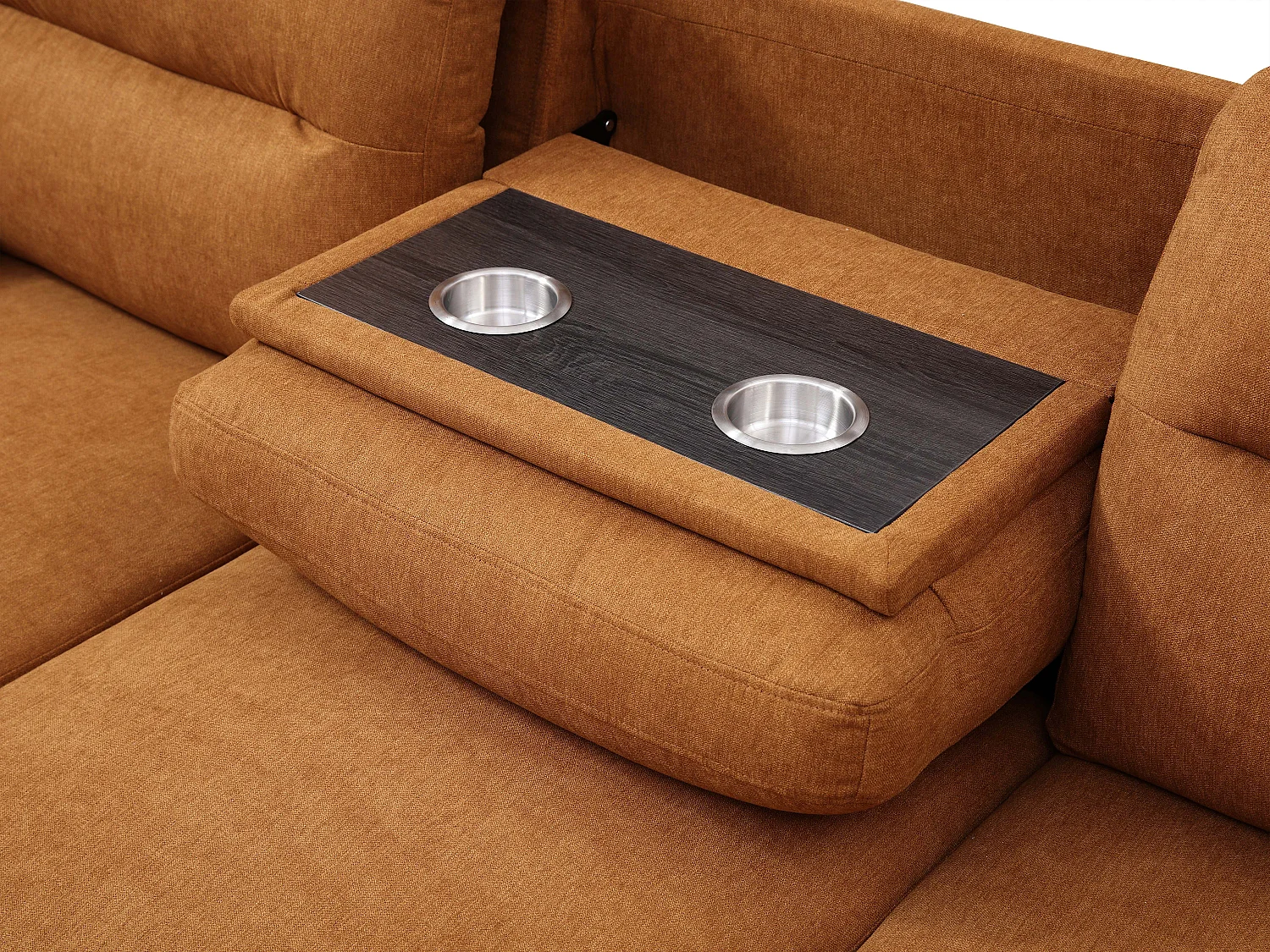 Canapé d'angle gauche convertible en tissu terracotta avec tablette ULENIO