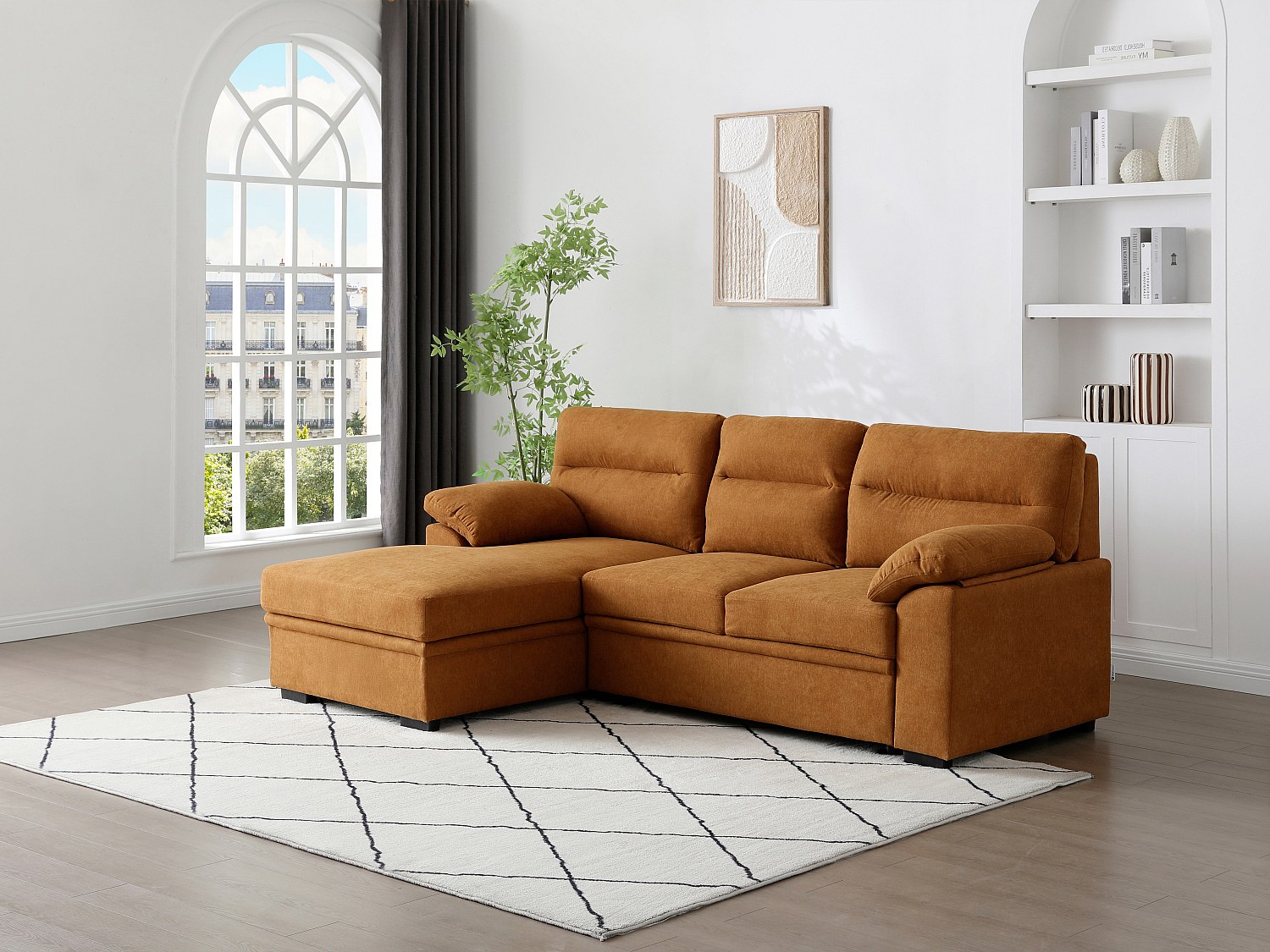 Ecksofa mit Schlaffunktion - Ecke links - Terracotta-Stoff - Mit Ablage - U günstig online kaufen
