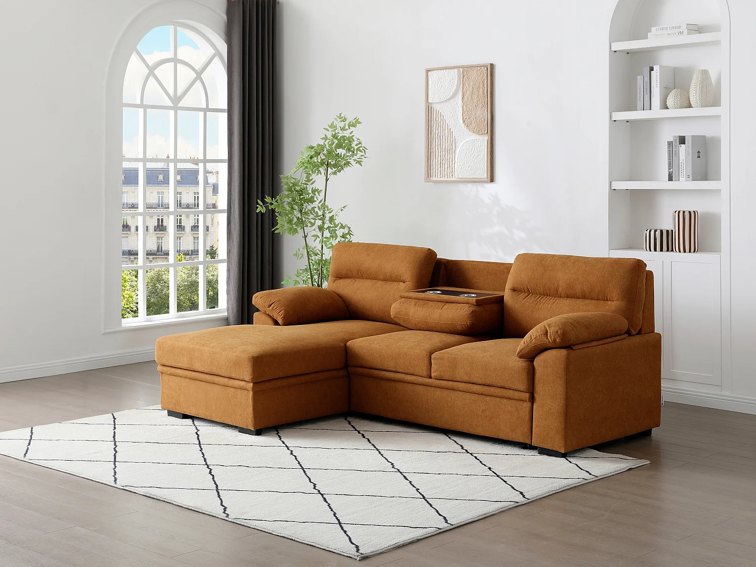 Canapé d'angle gauche convertible en tissu terracotta avec tablette ULENIO