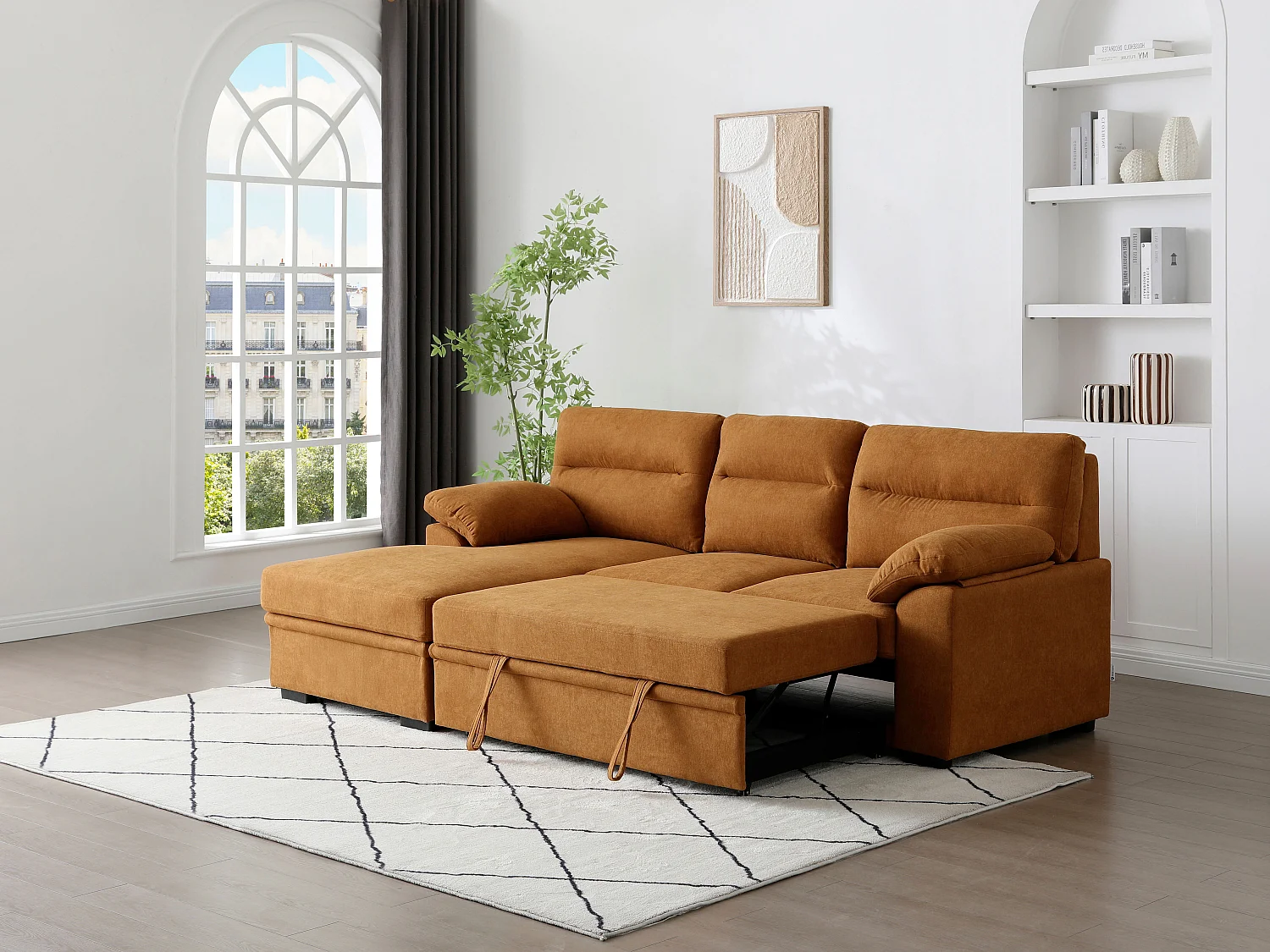 Canapé d'angle gauche convertible en tissu terracotta avec tablette ULENIO