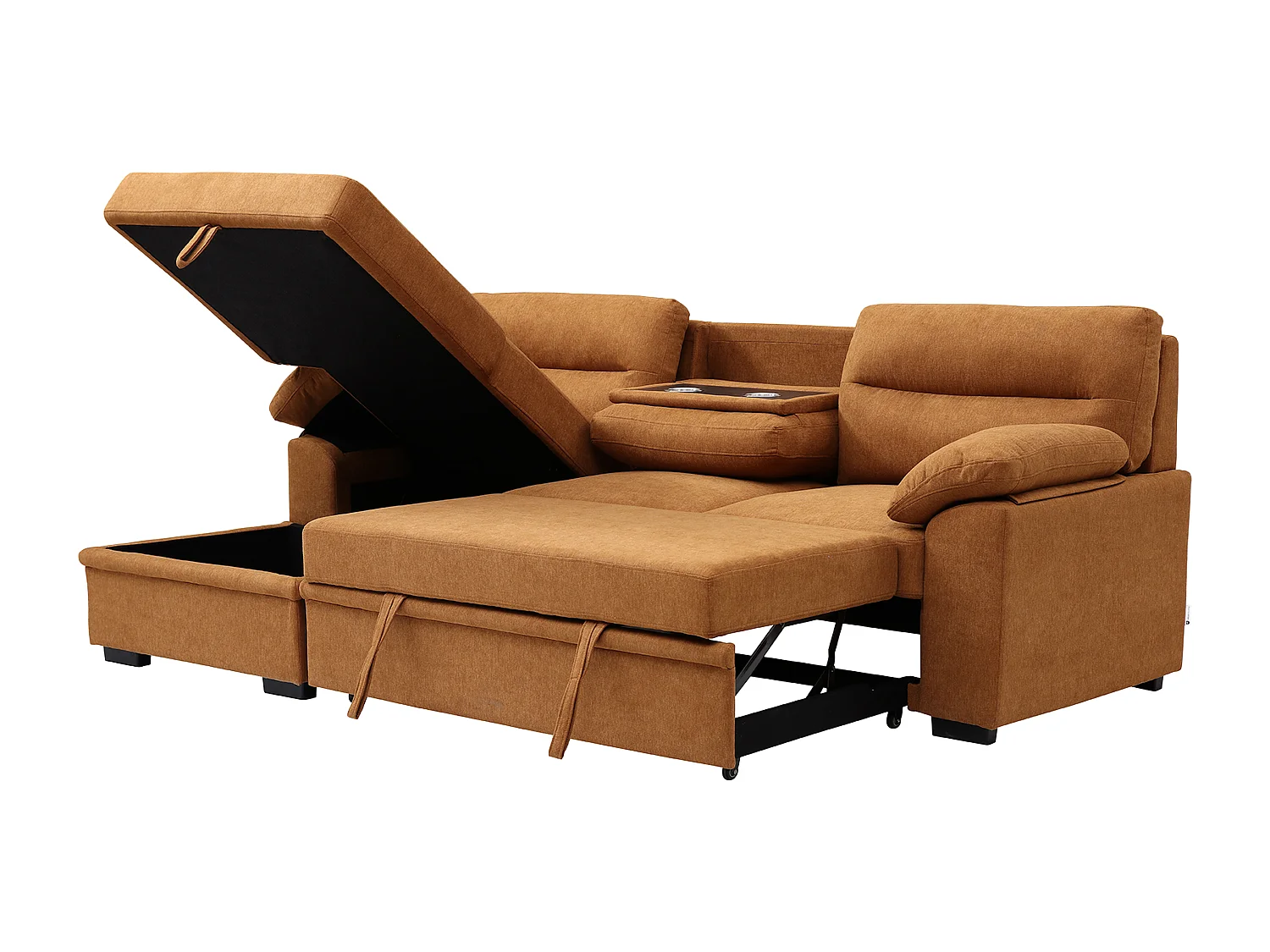 Canapé d'angle gauche convertible en tissu terracotta avec tablette ULENIO