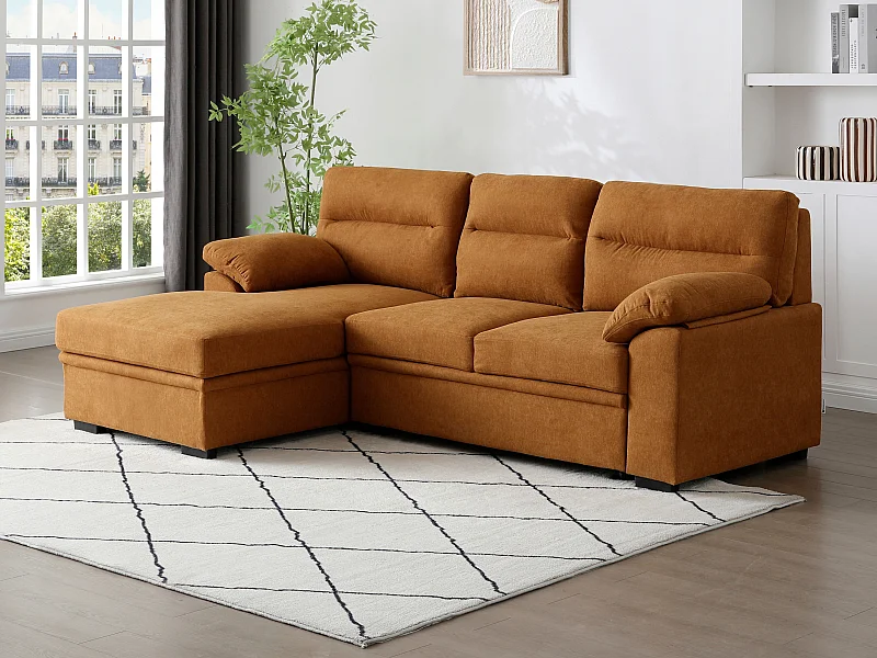 Canapé d'angle gauche convertible en tissu terracotta avec tablette ULENIO