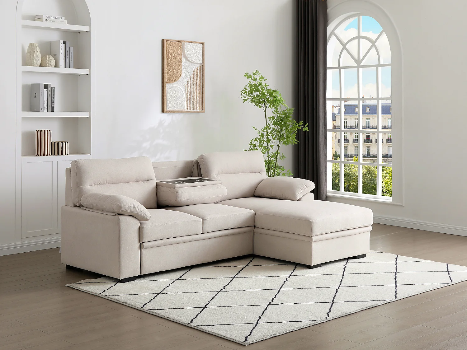 Canapé d'angle droit convertible en tissu beige avec tablette ULENIO