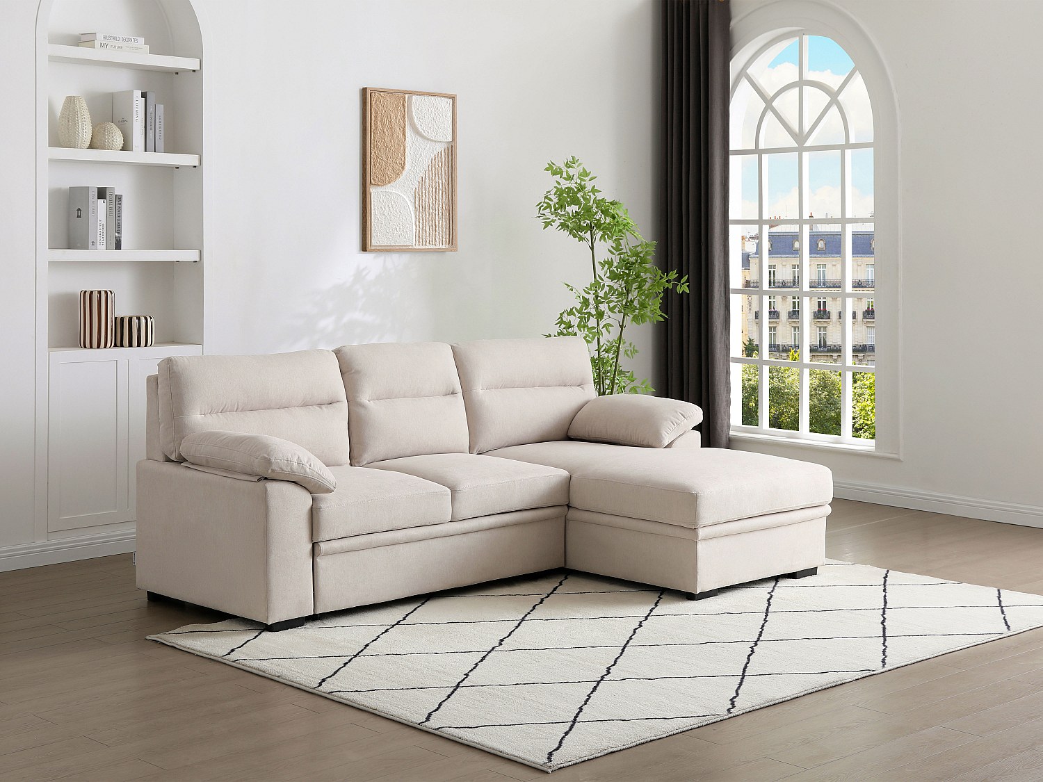 Ecksofa mit Schlaffunktion - Ecke rechts - Beiger Stoff - Mit Ablage - ULEN günstig online kaufen