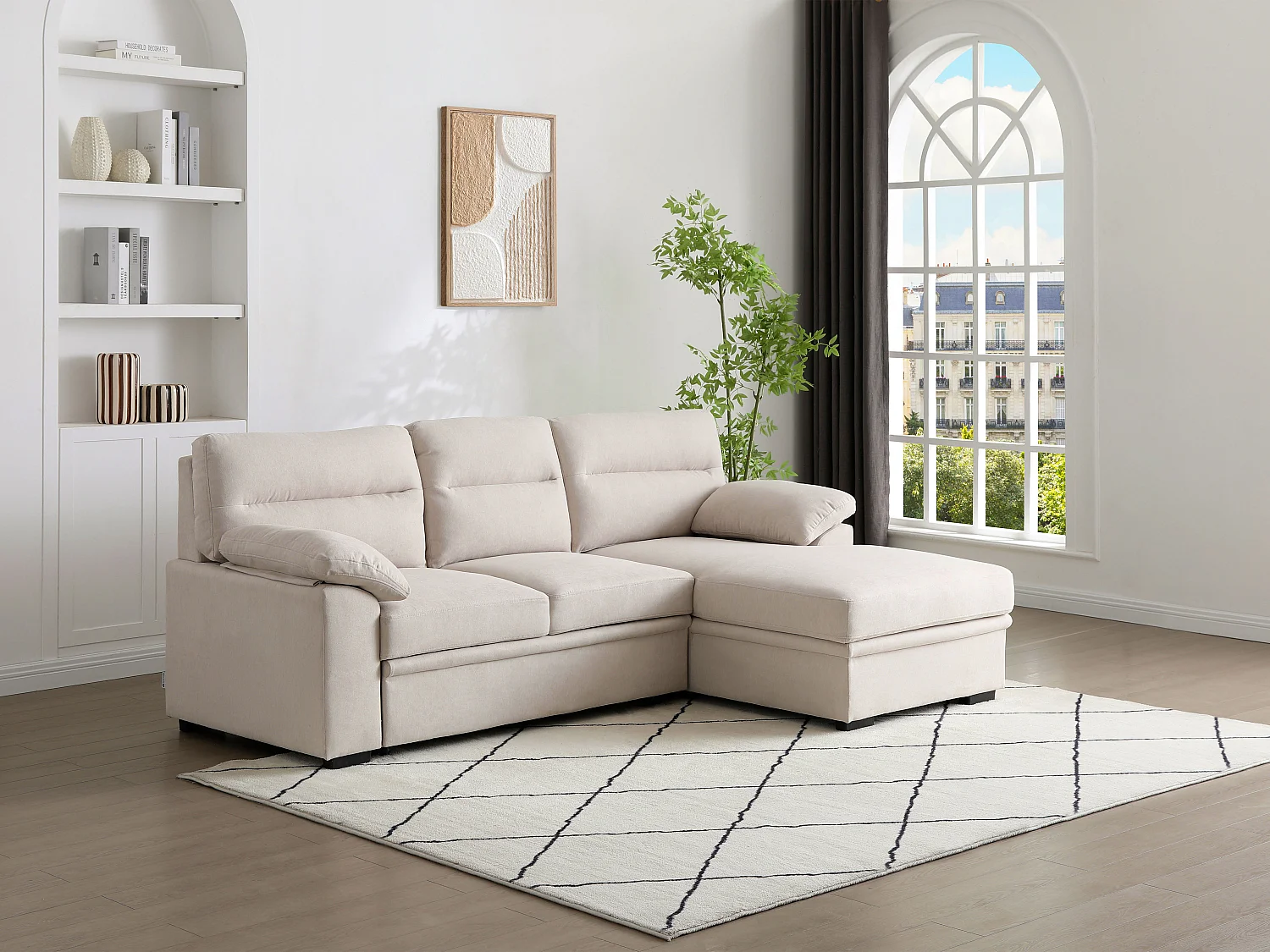 Canapé d'angle droit convertible en tissu beige avec tablette ULENIO