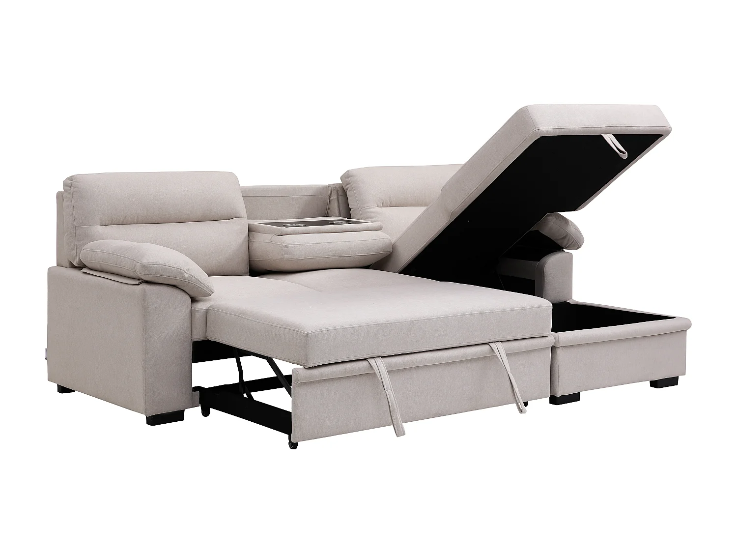 Canapé d'angle droit convertible en tissu beige avec tablette ULENIO