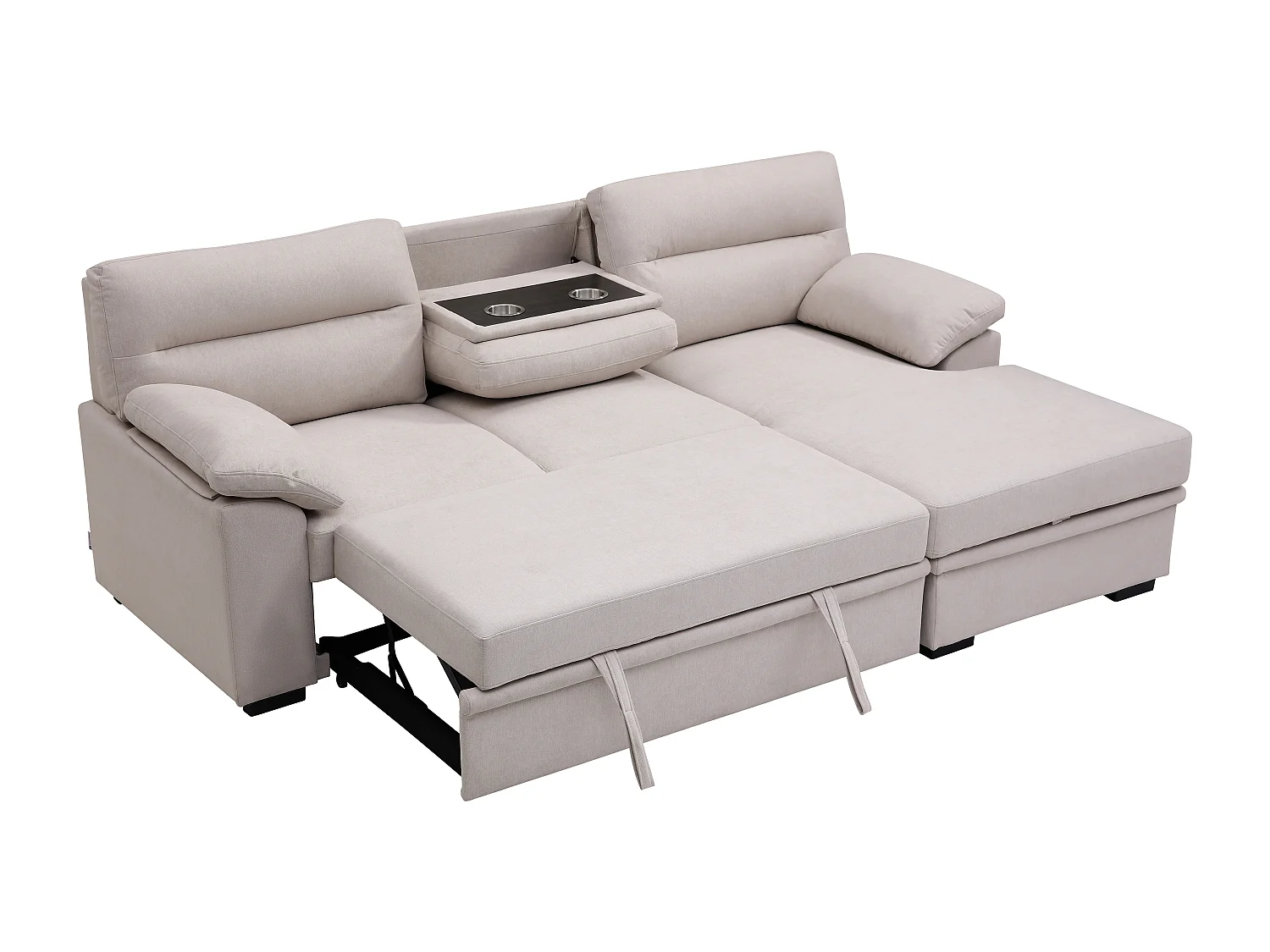 Canapé d'angle droit convertible en tissu beige avec tablette ULENIO