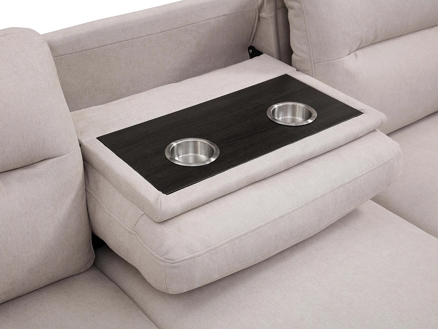 Canapé d'angle droit convertible en tissu beige avec tablette ULENIO