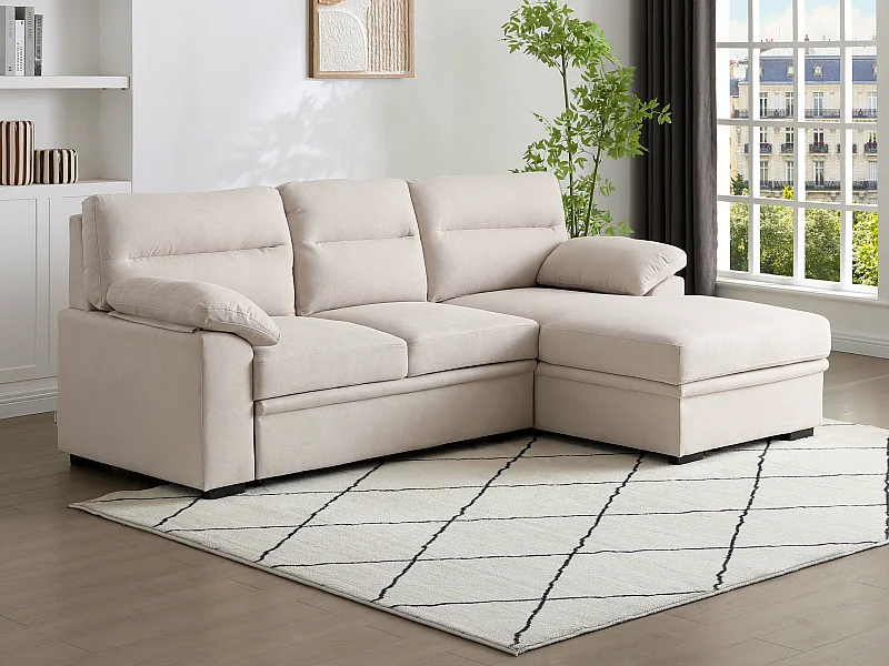 Canapé d'angle droit convertible en tissu beige avec tablette ULENIO
