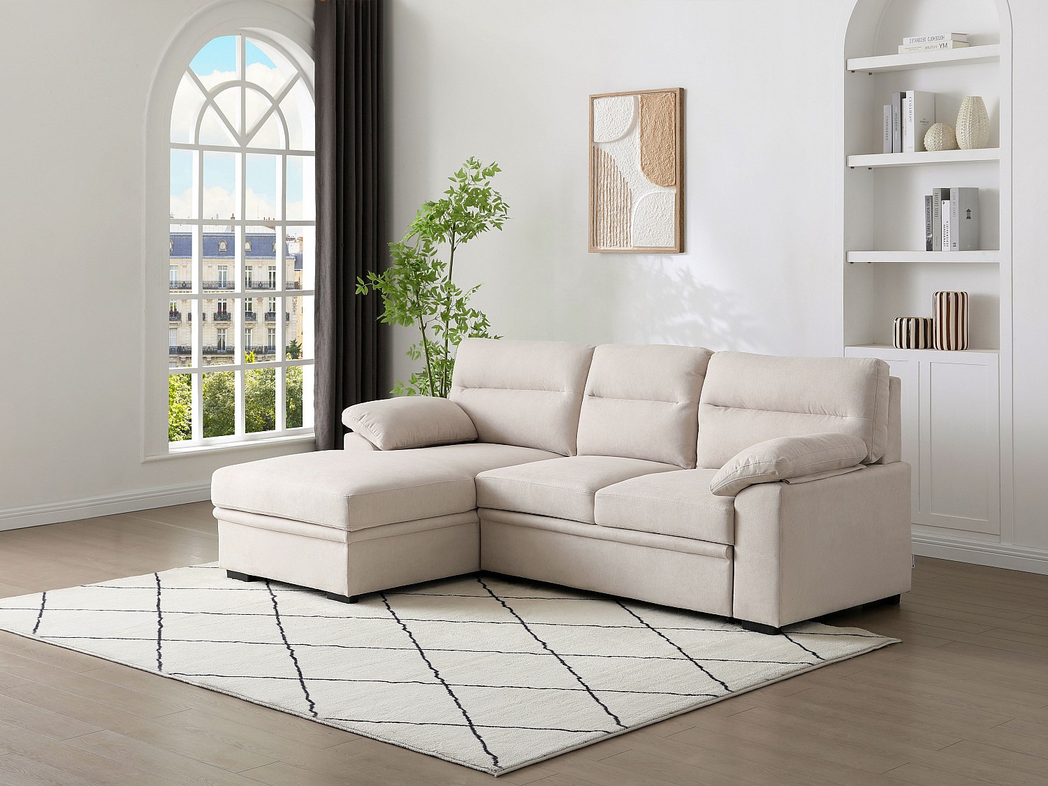 Ecksofa mit Schlaffunktion - Ecke links - Beiger Stoff - Mit Ablage - ULENI günstig online kaufen