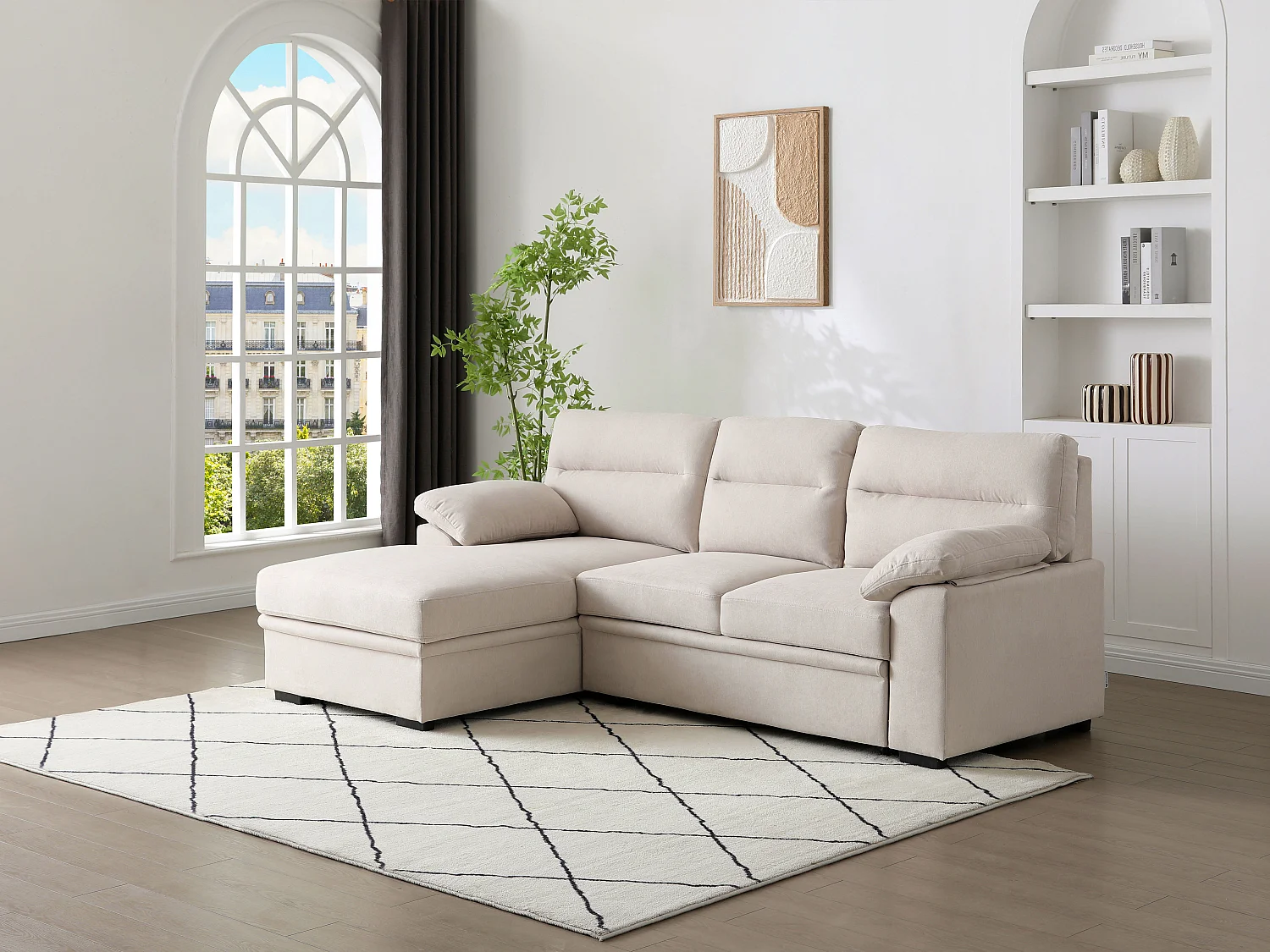 Canapé d'angle gauche convertible en tissu beige avec tablette ULENIO