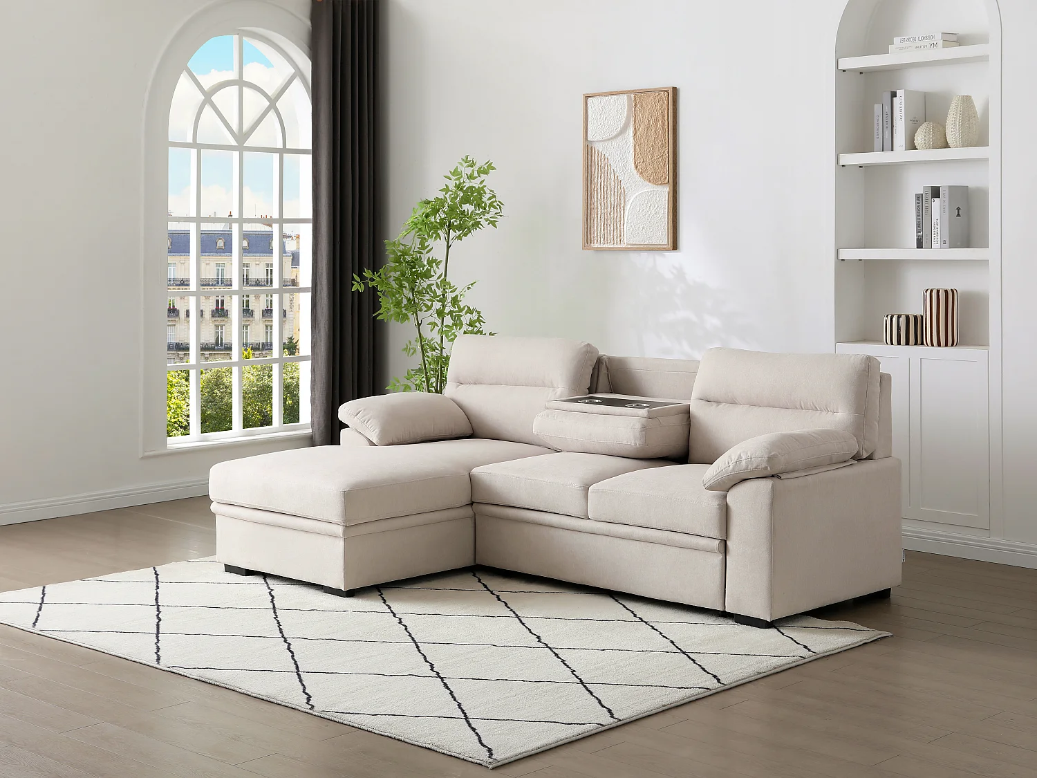 Canapé d'angle gauche convertible en tissu beige avec tablette ULENIO