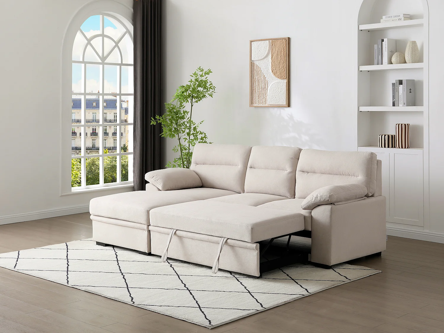 Canapé d'angle gauche convertible en tissu beige avec tablette ULENIO