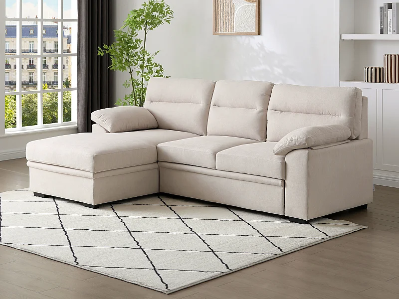 Canapé d'angle gauche convertible en tissu beige avec tablette ULENIO