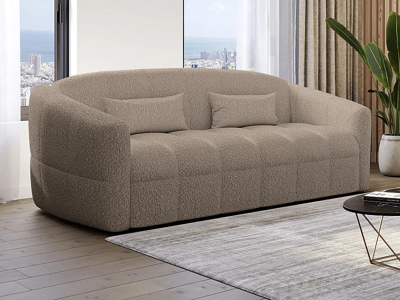 Canapé 3 places convertible express en tissu bouclette taupe - Couchage 140 cm - Matelas 13 cm RETUNA