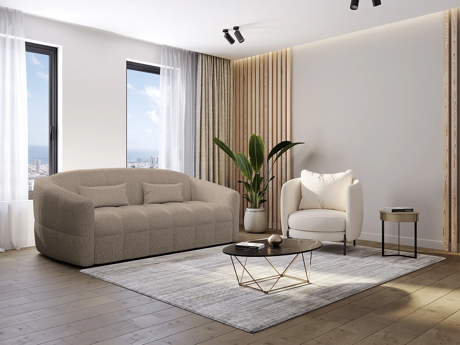 Canapé 4 places convertible express en tissu bouclette taupe - Couchage 160 cm - Matelas 13 cm RETUNA