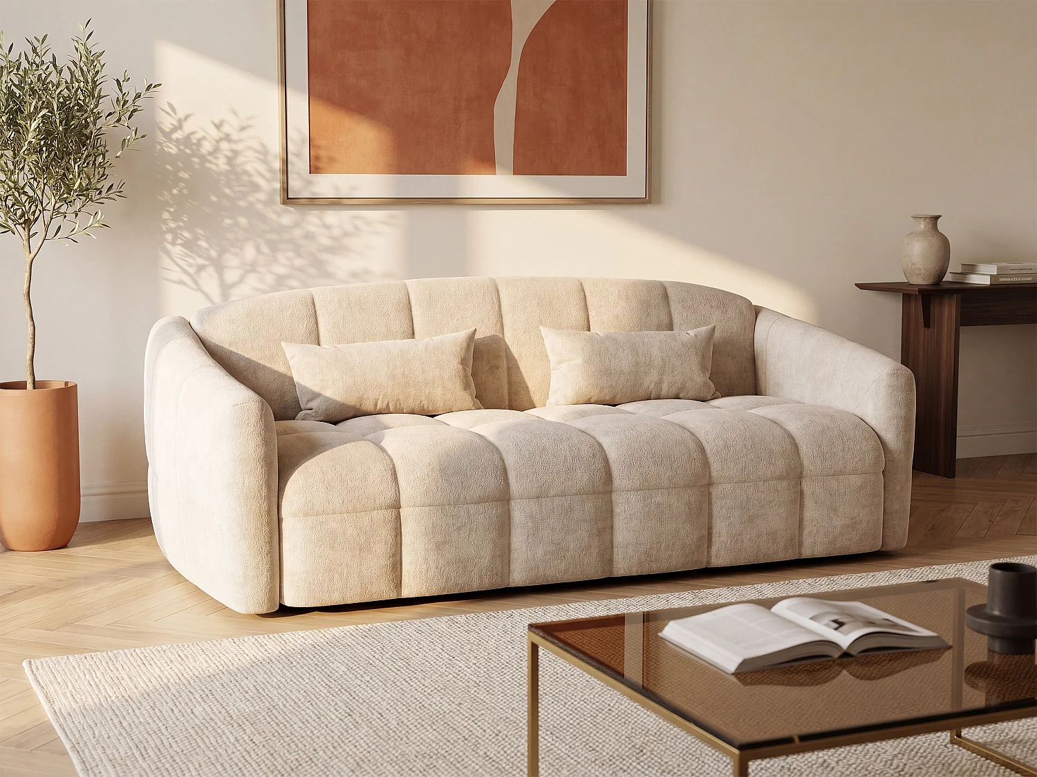 4-seater express convertible sofa in beige velvet - Sleeping area 160 cm - 13 cm mattress RETUNA