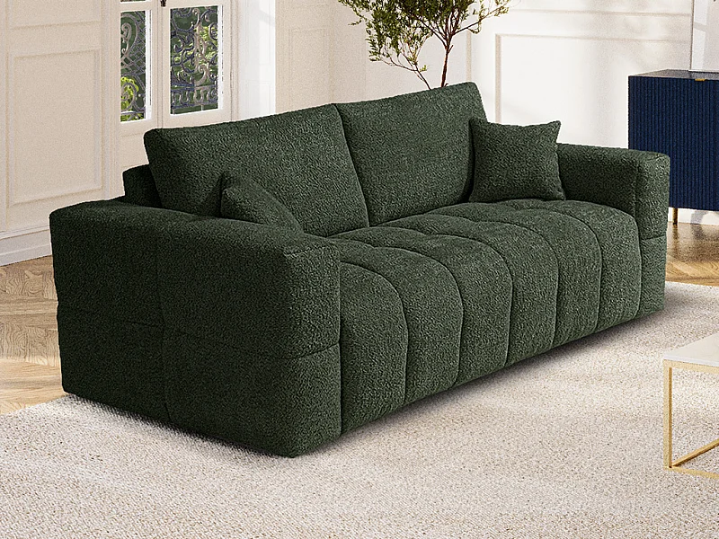 Canapé 4 places convertible express en tissu bouclette vert - Couchage 160 cm - Matelas 16 cm ISSORO