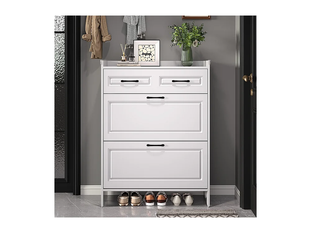 Meuble à chaussures étagère 4 compartiments 1 tiroir MDF blanc couloir entrée salon bureau haut