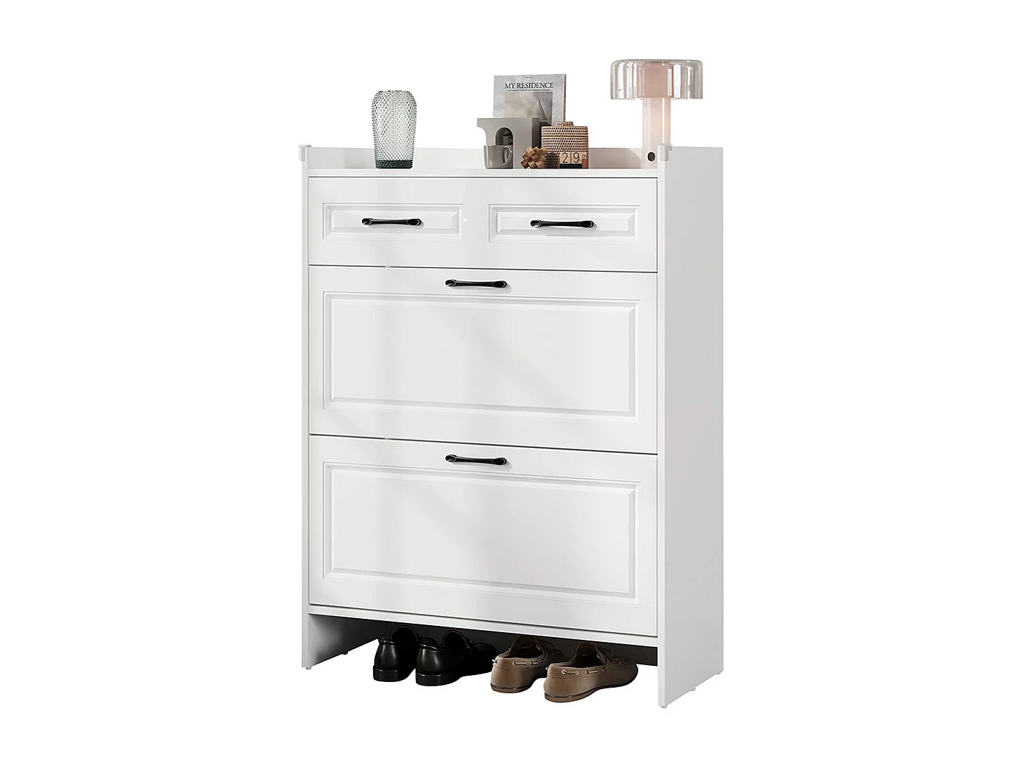 Meuble à chaussures étagère 4 compartiments 1 tiroir MDF blanc couloir entrée salon bureau haut
