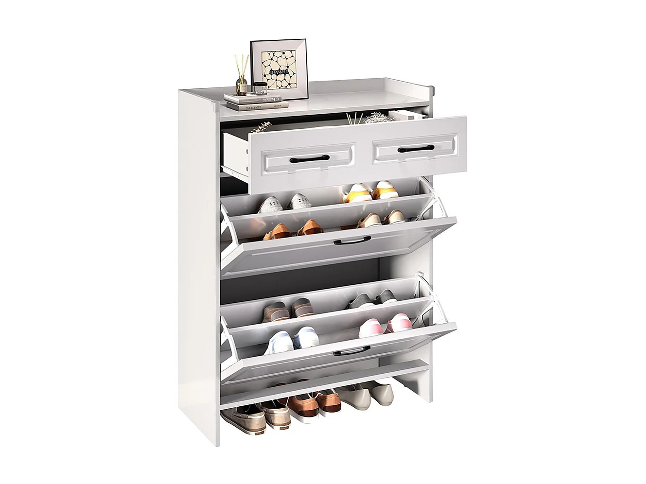 Meuble à chaussures étagère 4 compartiments 1 tiroir MDF blanc couloir entrée salon bureau haut