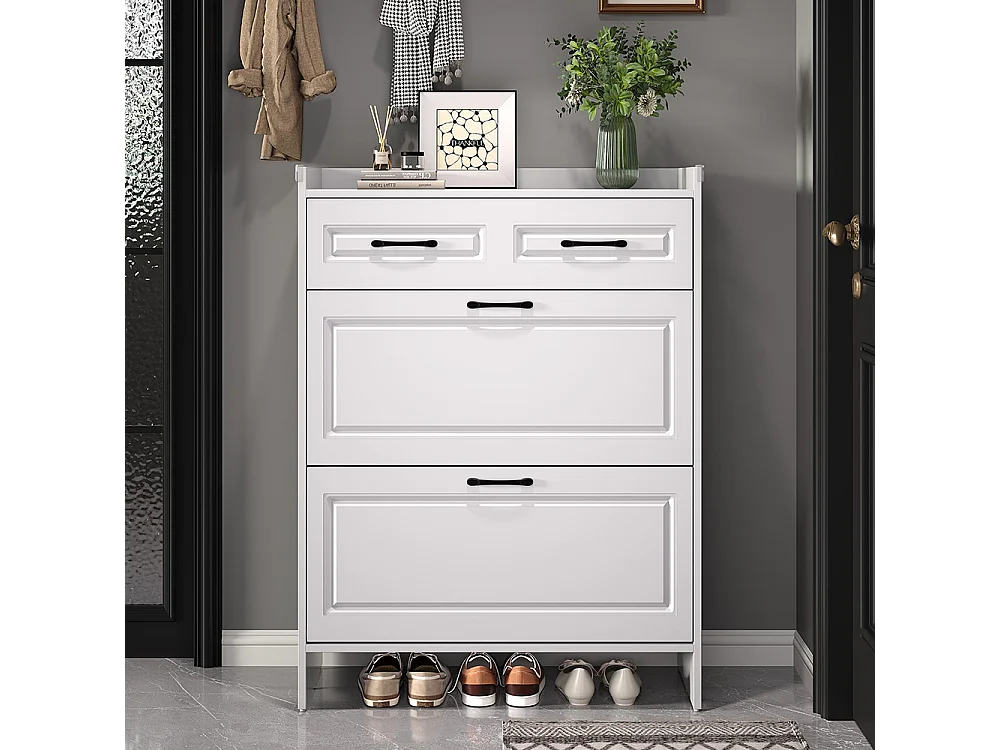 Meuble à chaussures étagère 4 compartiments 1 tiroir MDF blanc couloir entrée salon bureau haut