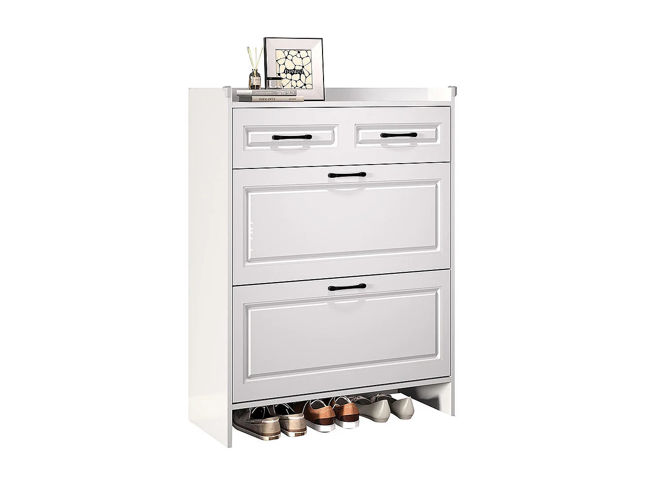 Meuble à chaussures étagère 4 compartiments 1 tiroir MDF blanc couloir entrée salon bureau haut