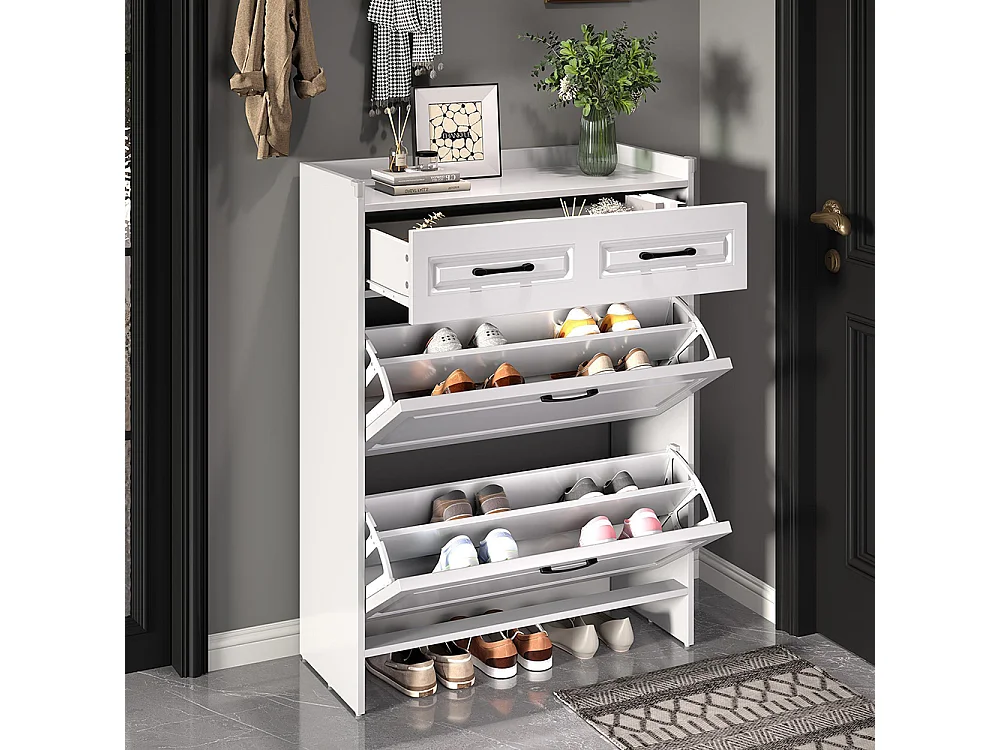 Meuble à chaussures étagère 4 compartiments 1 tiroir MDF blanc couloir entrée salon bureau haut