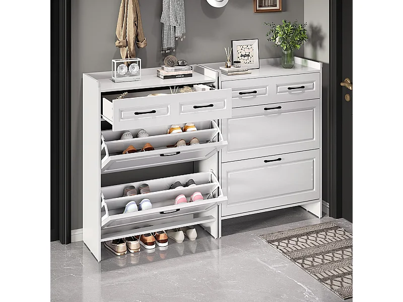 Lot 2 meuble à chaussures étagères 8 compartiments 2 tiroirs MDF blanc