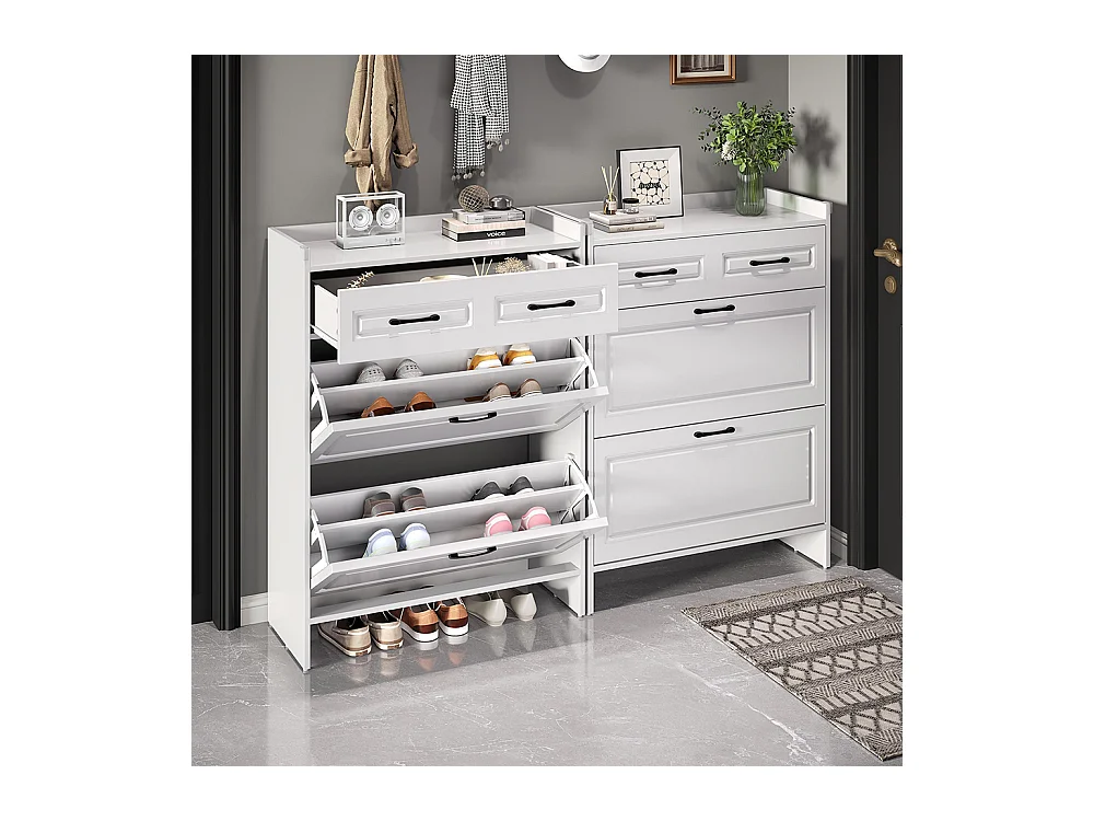 Lot 2 meuble à chaussures étagères 8 compartiments 2 tiroirs MDF blanc